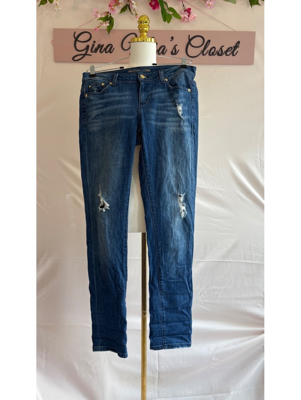 Michael Kors Dillon Relaxed Fit Distressed Blue Denim Jeans Size 4